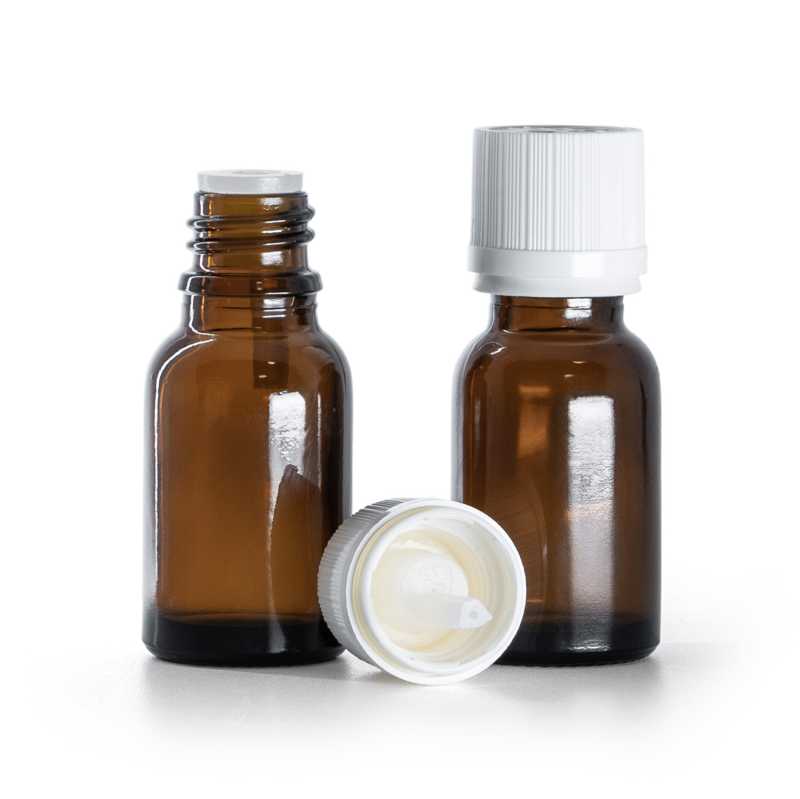 Flacone in vetro ambra, tappo di sicurezza antimanomissione bianco con contagocce, 15 ml