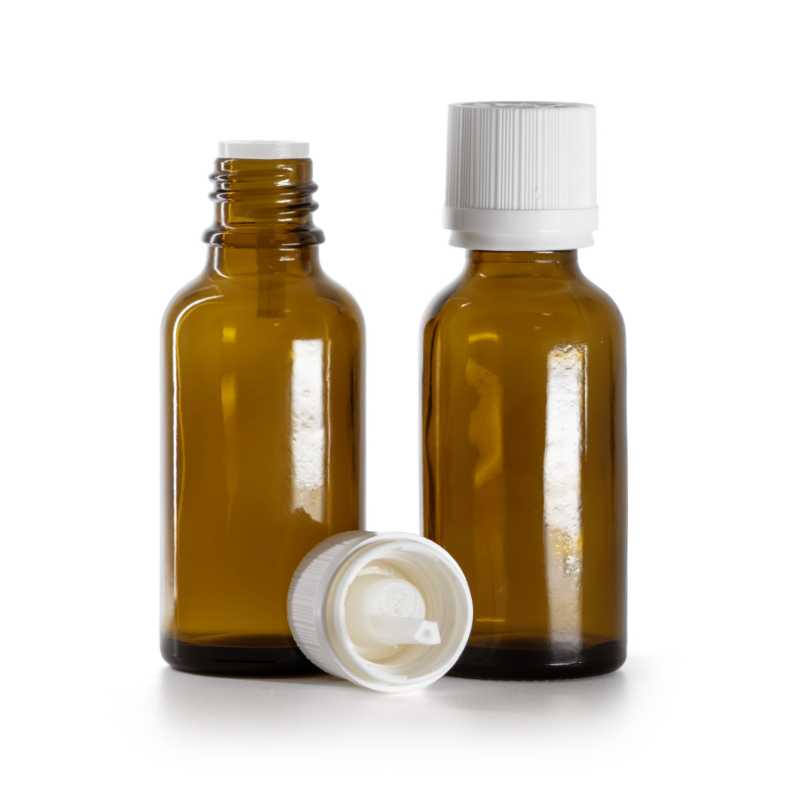 Flacone contagocce in vetro ambrato, capsula di sicurezza antimanomissione bianca con contagocce, 30 ml