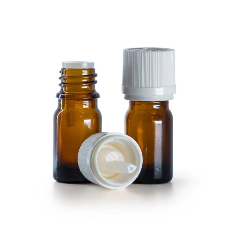 Flacone in vetro ambrato, tappo di sicurezza bianco con sigillo e contagocce, 5 ml