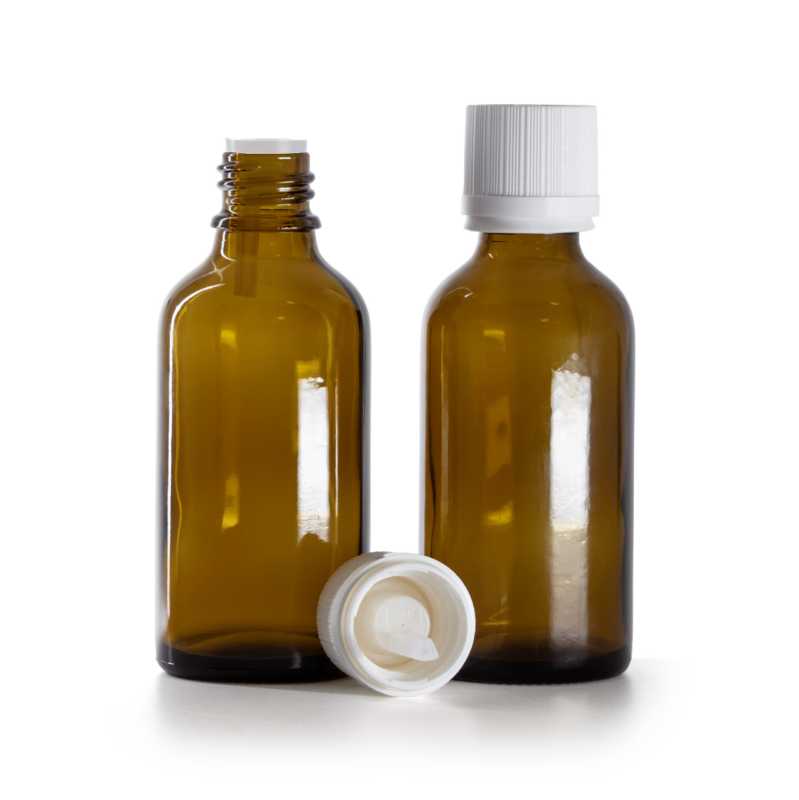 Flacone in vetro ambrato, tappo di sicurezza antimanomissione bianco con contagocce, 50 ml