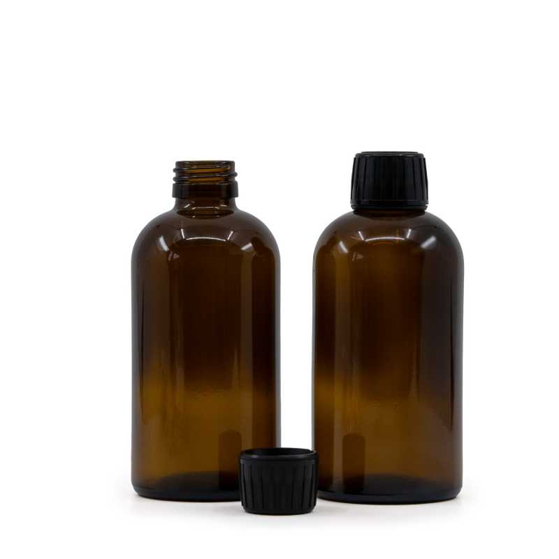 Bottiglia di vetro ambra Boston, tappo nero, 250 ml