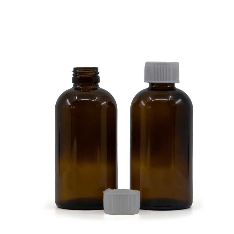 Bottiglia in vetro ambra Boston, 250 ml, tappo di sicurezza bianco 28 mm