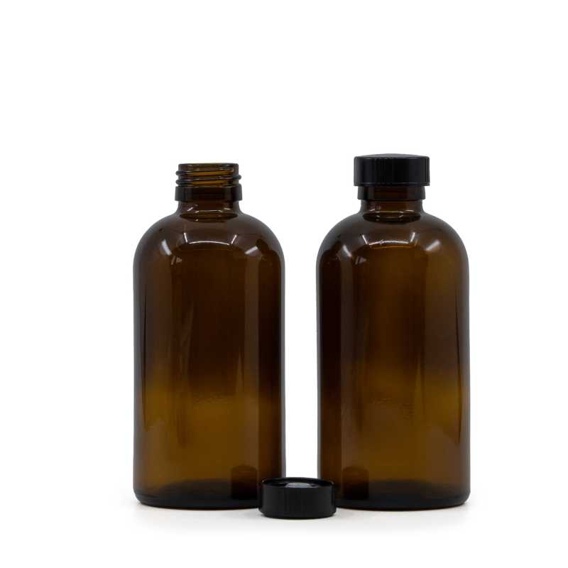 Bottiglia rotonda Boston in vetro ambra, 250 ml, tappo nero basso, collo 28 mm