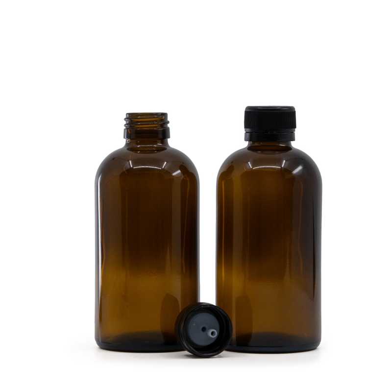 Bottiglia in vetro Boston ambra, tappo in plastica nero con contagocce interno, 250 ml