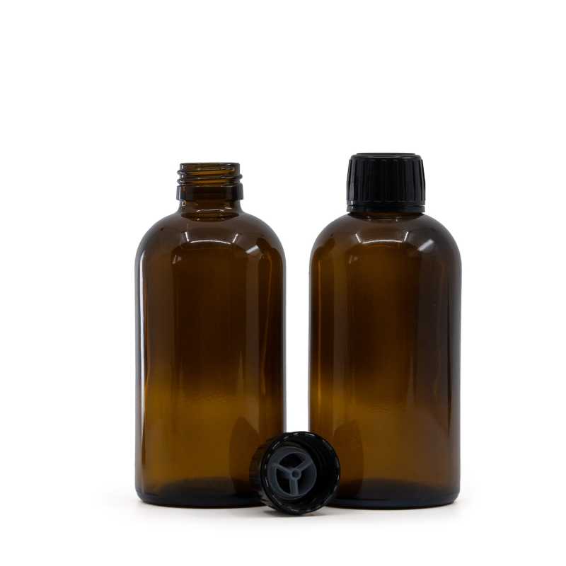 Bottiglia Boston in vetro ambra, tappo nero con inserto versatore, 250 ml