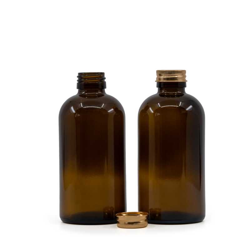 Bottiglia per sciroppo Boston tonda in vetro ambra, 250 ml, tappo in alluminio oro rosa