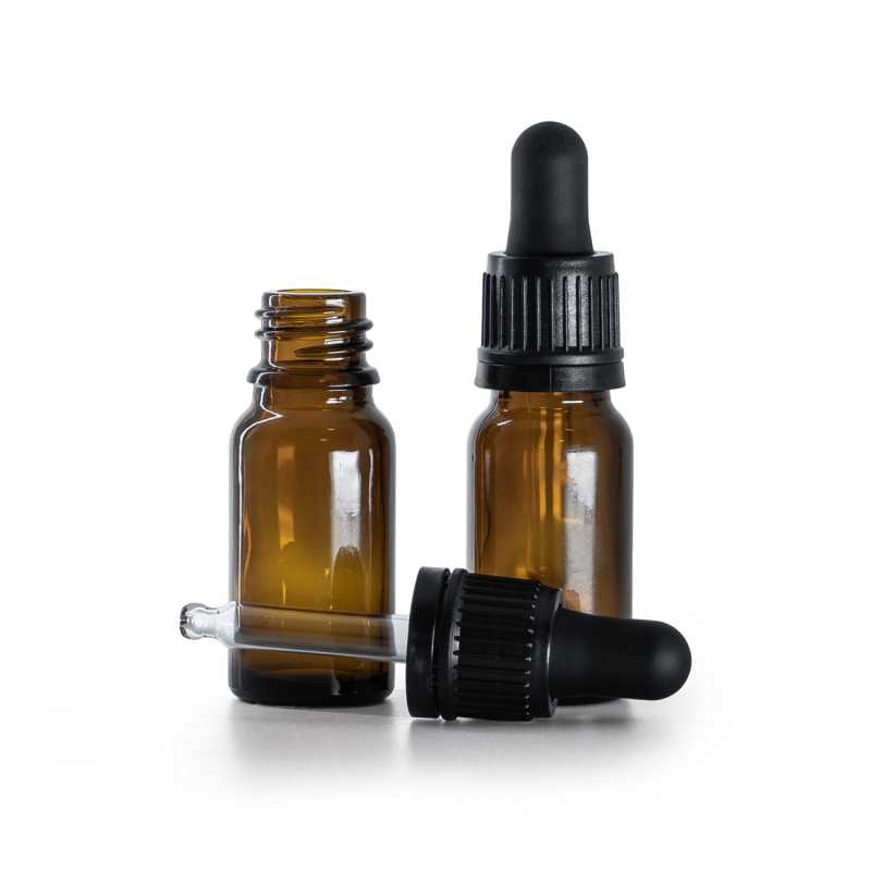 Flacone in vetro ambrato, contagocce nero inviolabile, 10 ml