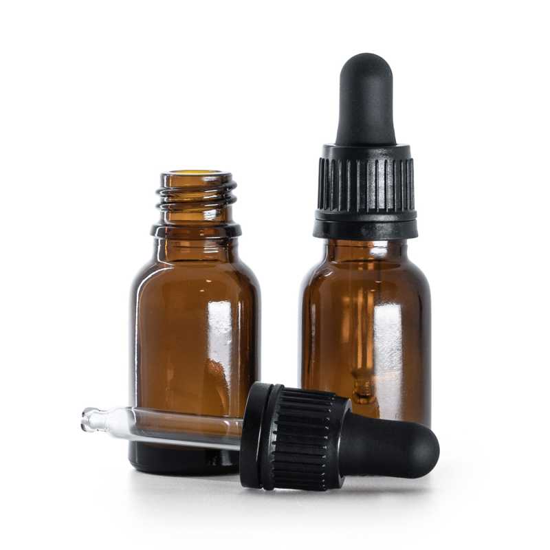 Flacone in vetro ambrato, contagocce nero, 15 ml