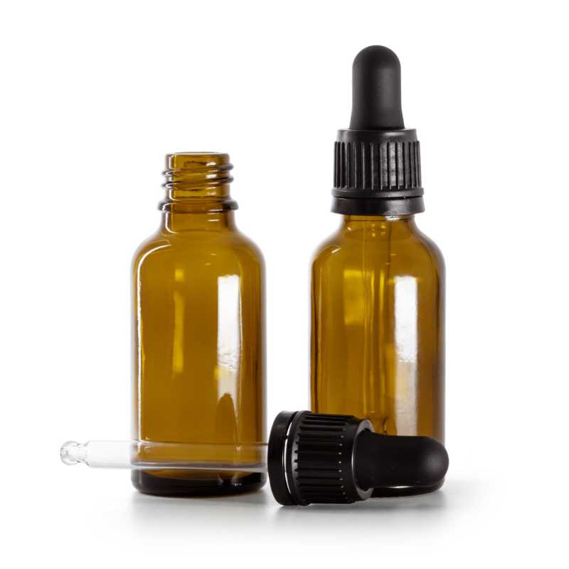 Bottiglia in vetro, ambra, contagocce nero, 30 ml