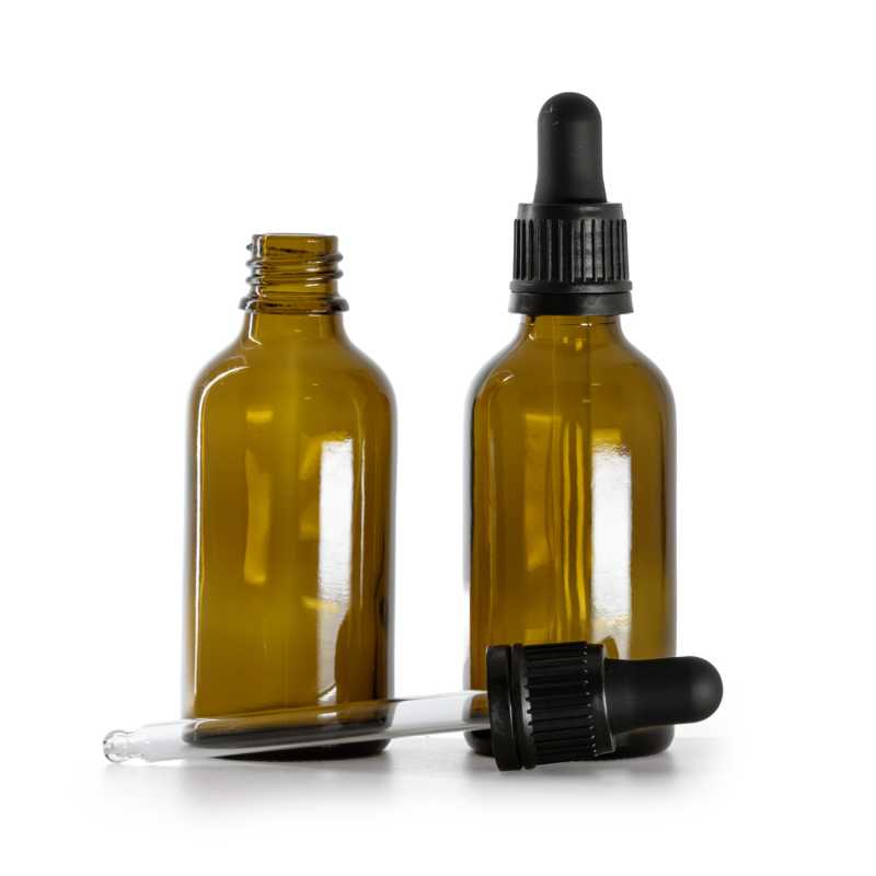 Bottiglia in vetro, ambra, contagocce nero, 50 ml