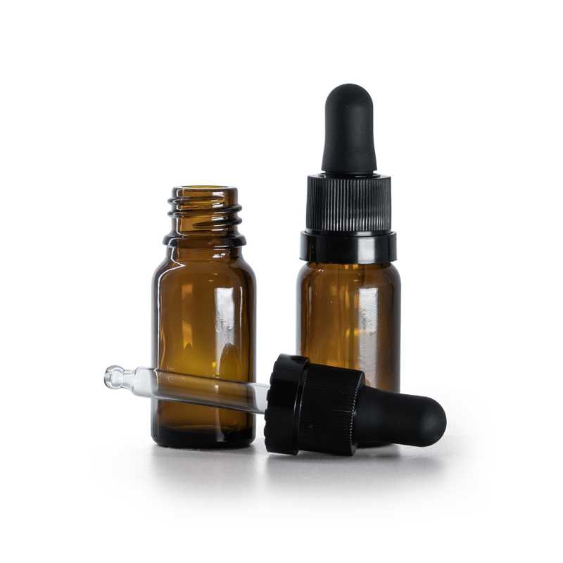 Flacone in vetro ambrato, contagocce nero opaco con fascia lucida, 10 ml