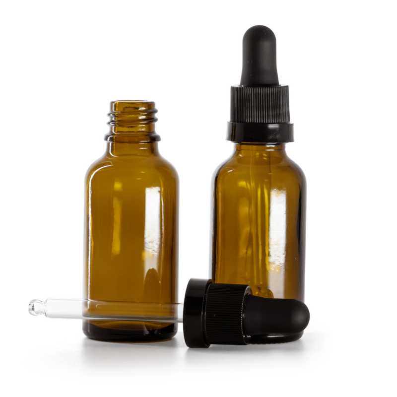 Flacone in vetro ambrato, contagocce nero opaco con fascia lucida, 30 ml