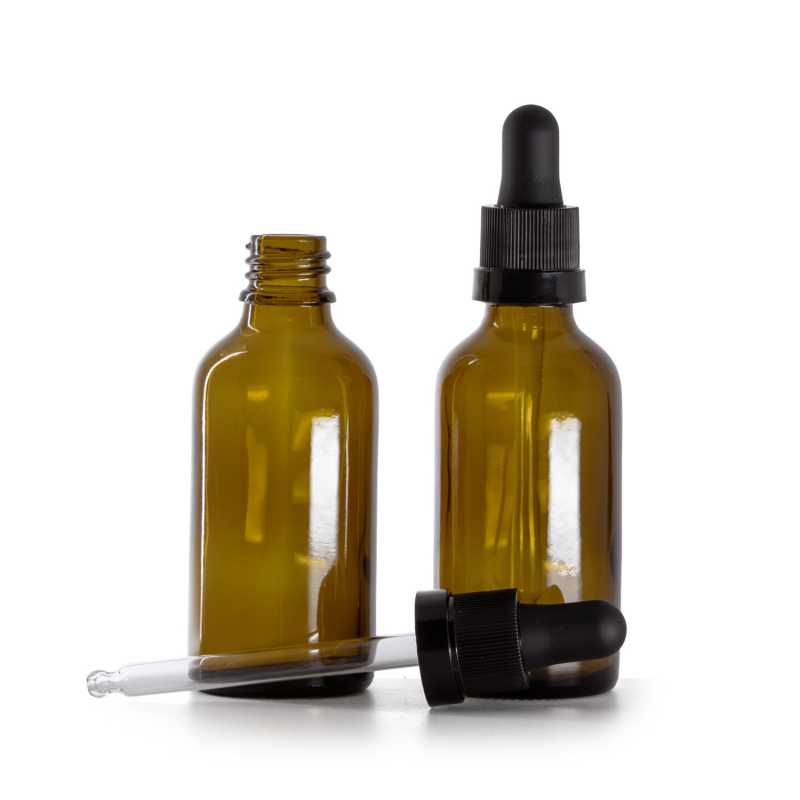 Flacone in vetro ambrato, contagocce nero opaco con fascia lucida, 50 ml
