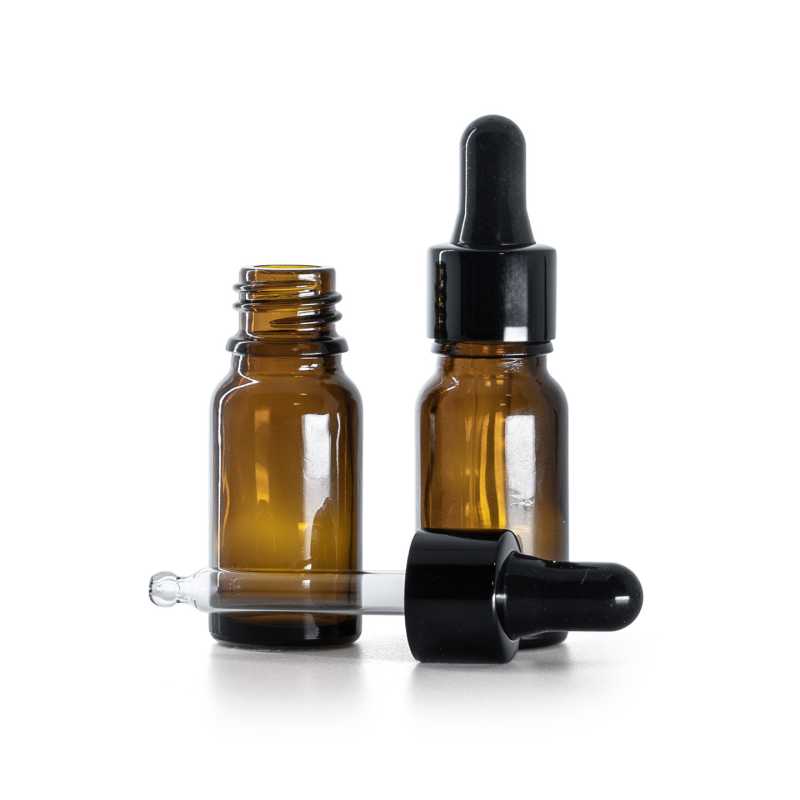 Flacone in vetro ambra, contagocce nero lucido, 10 ml