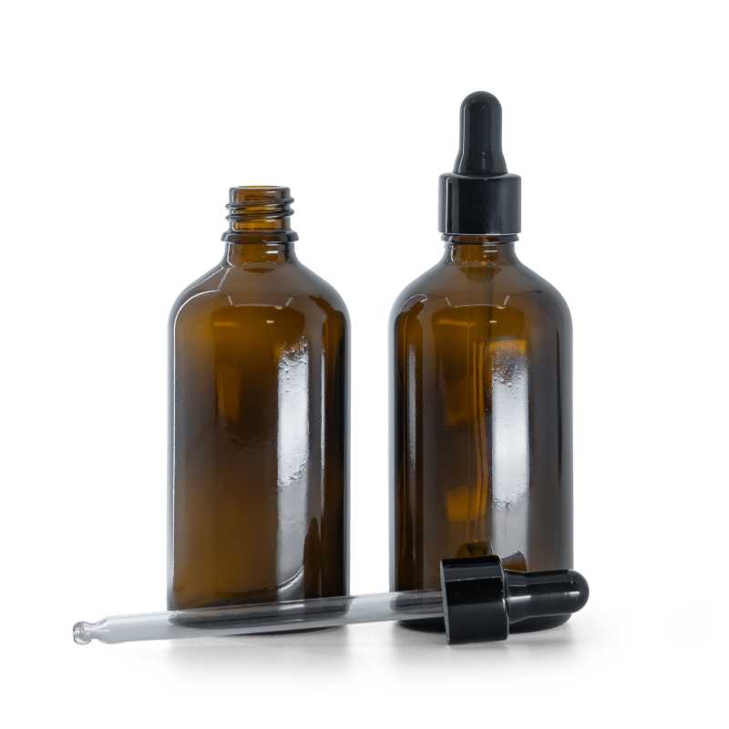 Flacone in vetro ambrato, contagocce nero lucido, 100 ml