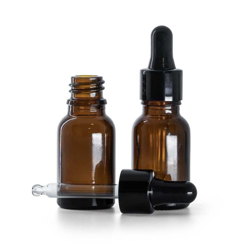 Flacone in vetro, ambra, contagocce, nero lucido, 15 ml