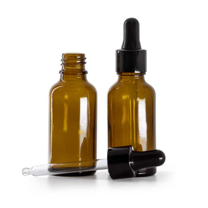 Flacone in vetro, ambrato, contagocce nero lucido, 30 ml