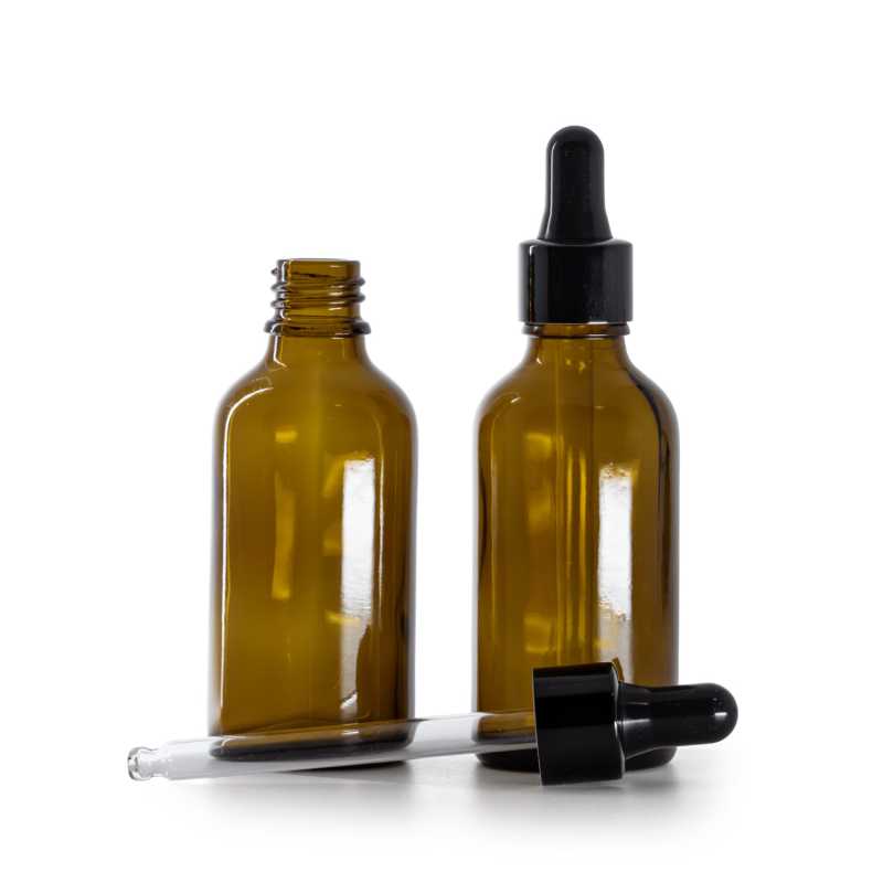 Bottiglia in vetro, ambra, contagocce nero lucido, 50 ml