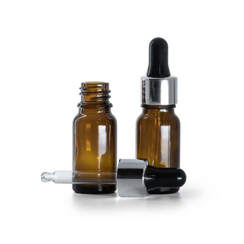 Flacone in vetro ambra, contagocce nero argento lucido, 10 ml