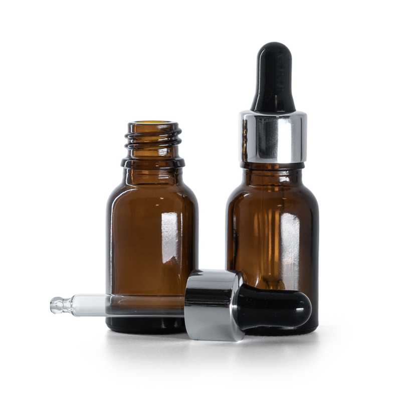 Flacone in vetro ambrato, contagocce nero argento lucido, 15 ml