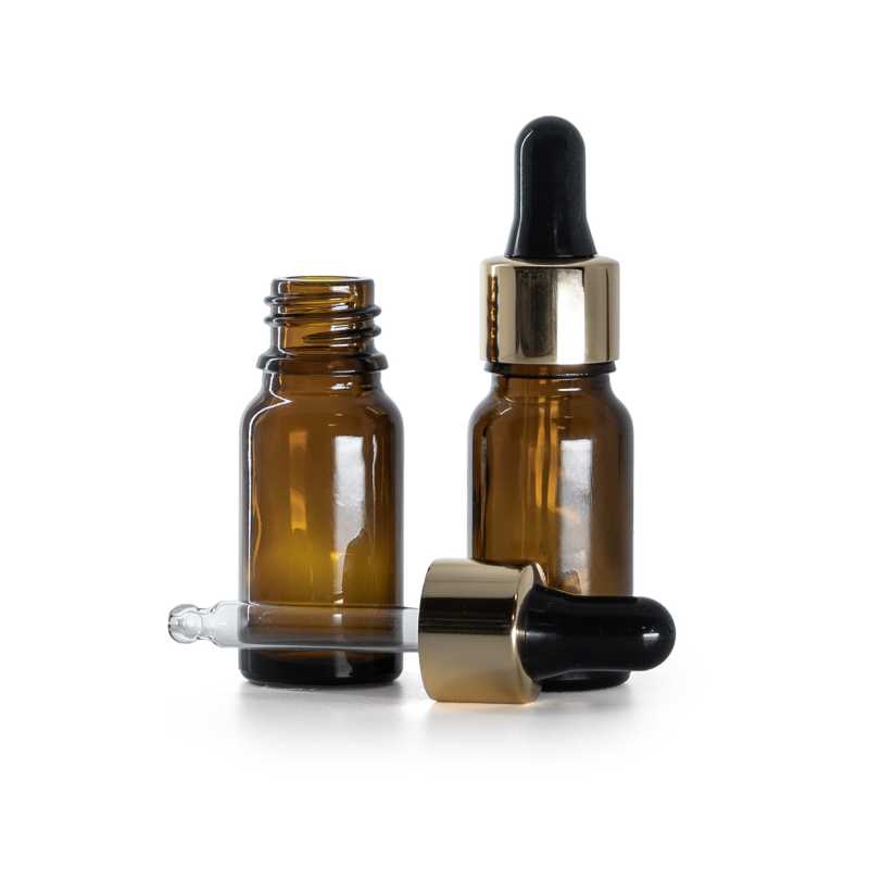 Bottiglia in vetro ambrato, contagocce nero oro, 10 ml