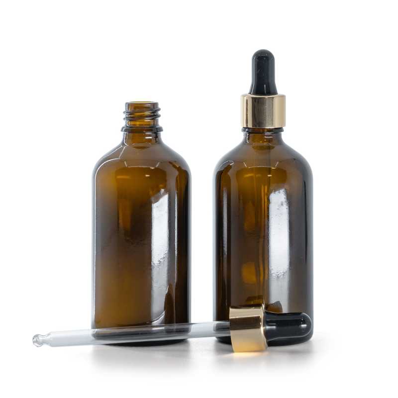 Flacone in vetro, ambrato, contagocce nero oro, 100 ml