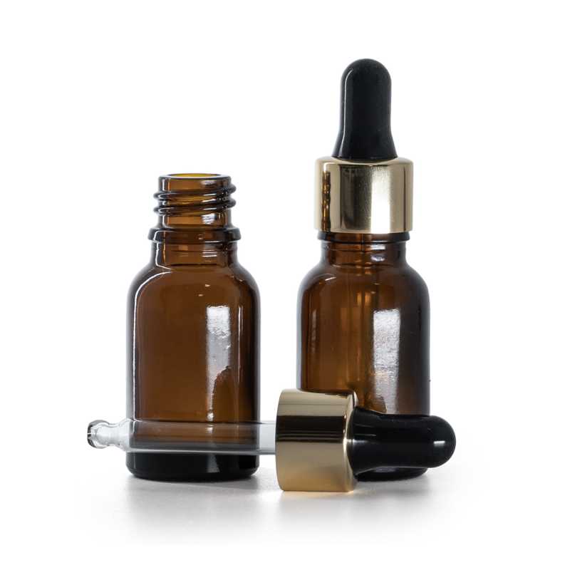 Flacone in vetro, ambra, contagocce nero oro, 15 ml