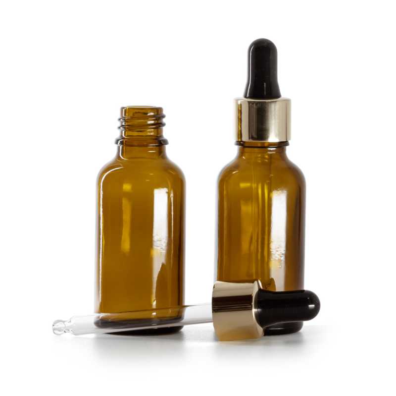Bottiglia in vetro, ambra, contagocce nero oro, 30 ml