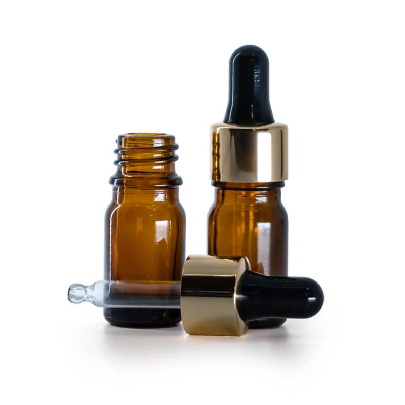 Flacone in vetro, ambrato, contagocce nero oro, 5 ml
