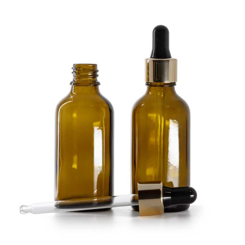 Flacone in vetro ambrato, contagocce nero oro, 50 ml