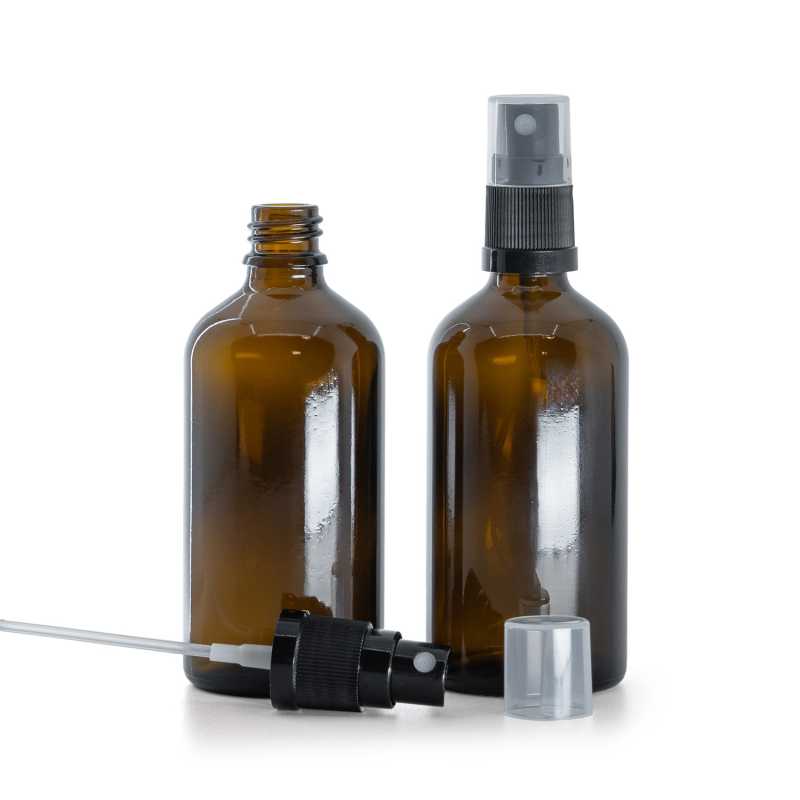 Bottiglia in vetro, ambrata, spruzzatore nero, 100 ml