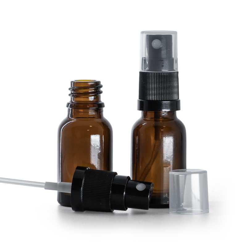 Flacone in vetro ambrato, spruzzatore nero, 15 ml