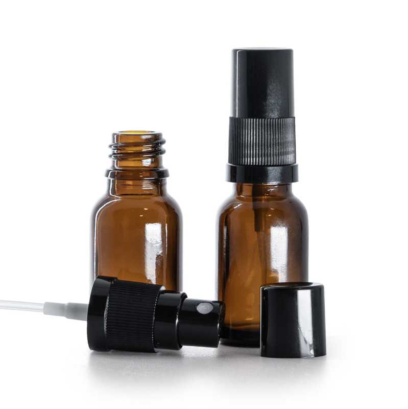 Bottiglia in vetro ambra, spruzzatore, nero, 15 ml