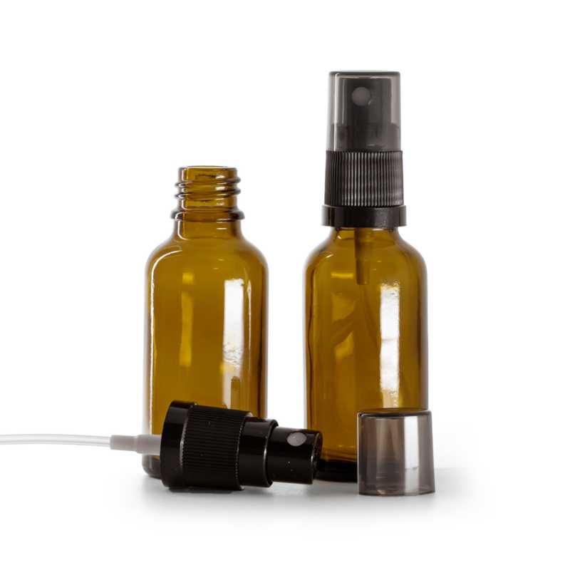 Flaconcino di vetro ambra, spruzzatore nero, sopra-tappo fumé, 30 ml