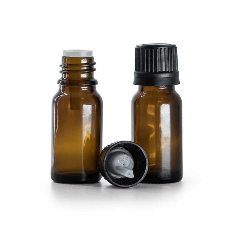 Flacone di vetro ambra, tappo nero con contagocce interno, 10 ml