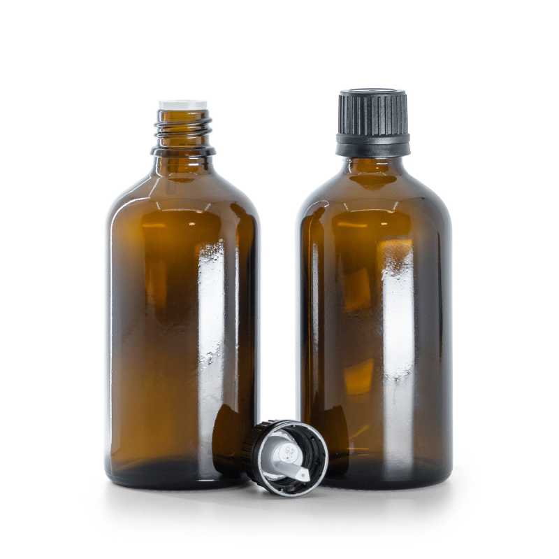 Flacone di vetro ambra, tappo nero con contagocce, 100 ml