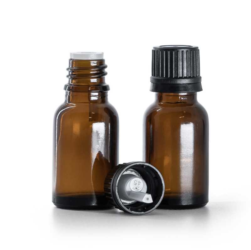 Flaconcino di vetro ambra, tappo nero con contagocce, 15 ml