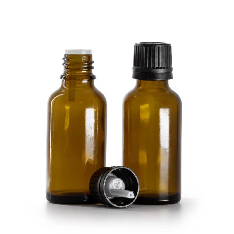 Flaconcino di vetro ambra, tappo nero con contagocce interno, 30 ml