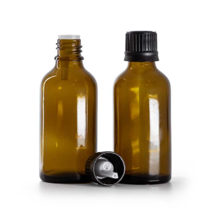 Flacone di vetro ambra, tappo nero con contagocce interno, 50 ml