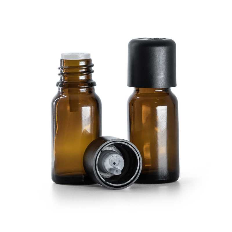 Flacone contagocce in vetro ambrato, tappo di sicurezza nero con contagocce, 10 ml