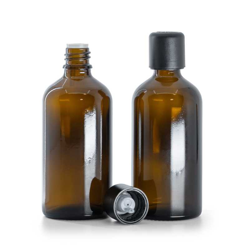 Flacone in vetro, ambrato, tappo di sicurezza antimanomissione nero con contagocce, 100 ml