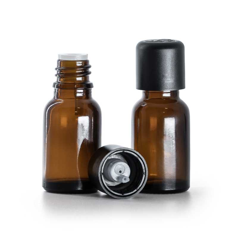 Flacone in vetro ambrato, tappo di sicurezza antimanomissione nero con contagocce, 15 ml