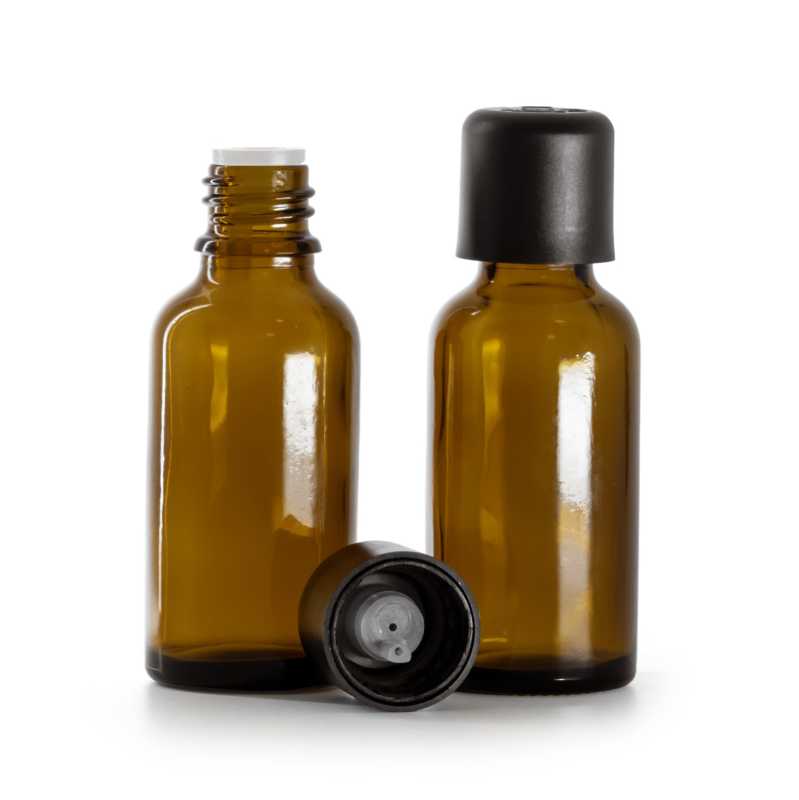Flacone in vetro, ambrato, tappo di sicurezza antimanomissione nero con contagocce, 30 ml