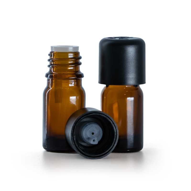 Flacone in vetro ambra, tappo di sicurezza antimanomissione nero con contagocce, 5 ml