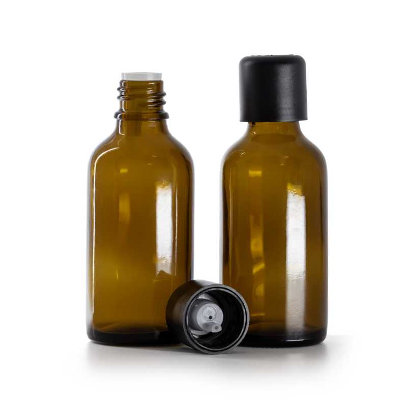 Flacone in vetro ambrato, tappo di sicurezza antimanomissione nero con contagocce, 50 ml