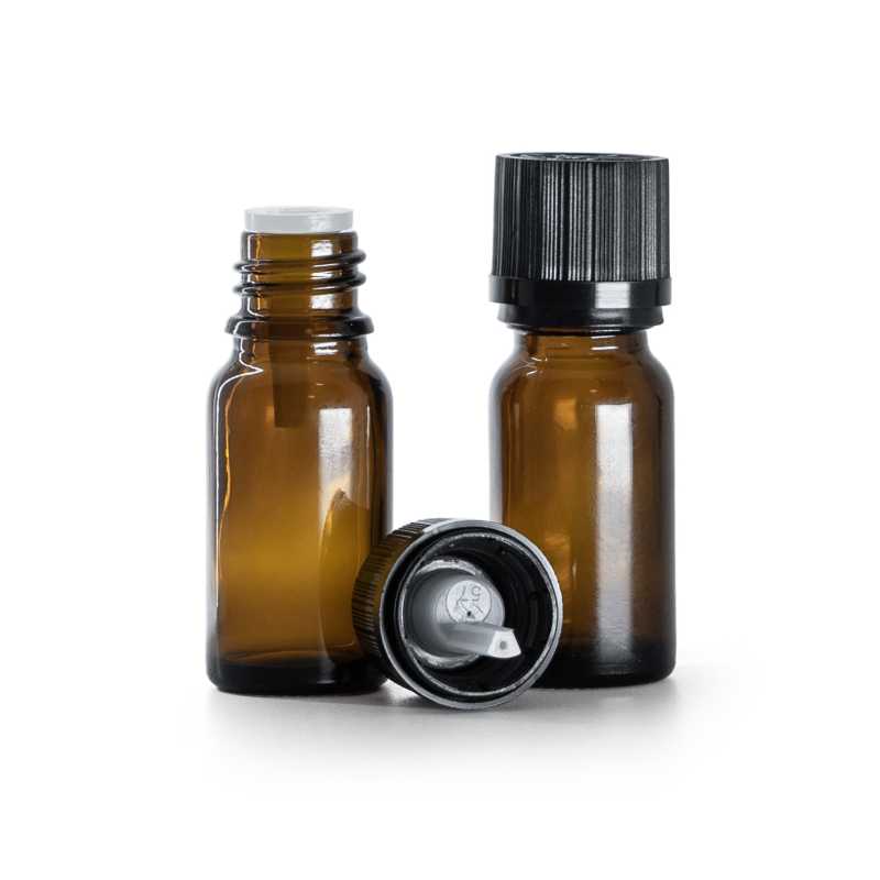 Flacone in vetro ambrato, contagocce, tappo di sicurezza nero, 10 ml
