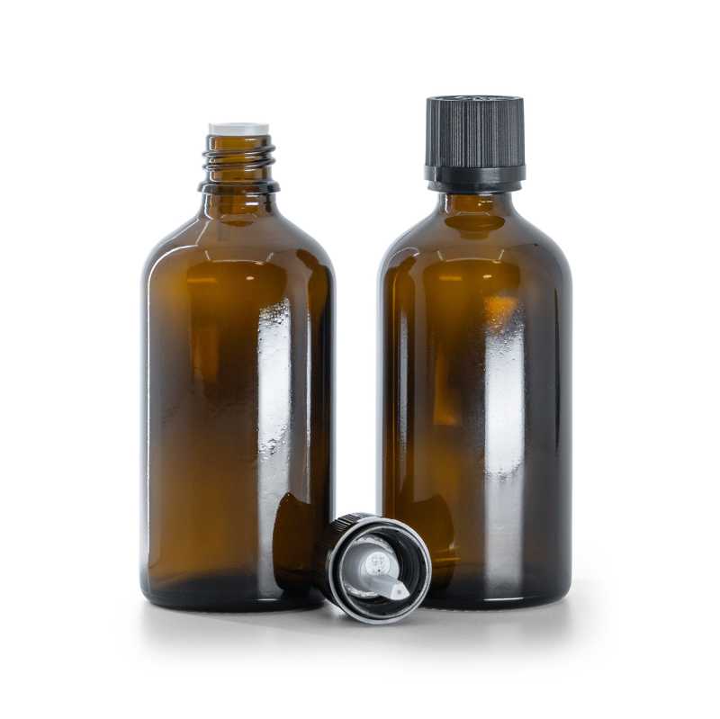 Flacone in vetro ambrato, tappo di sicurezza nero con contagocce, 100 ml