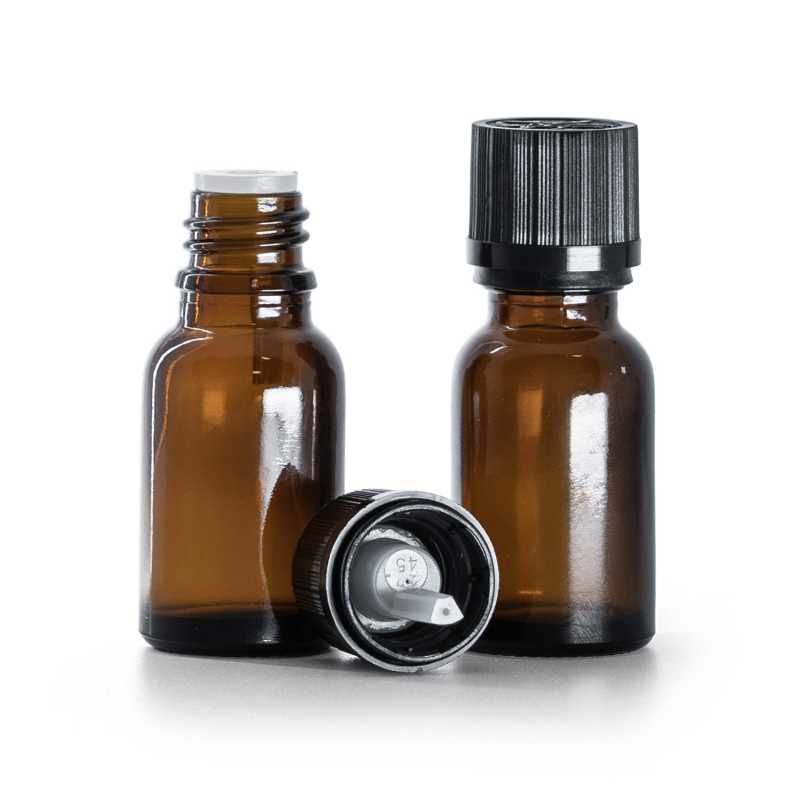 Flacone in vetro ambra, tappo di sicurezza nero con contagocce, 15 ml