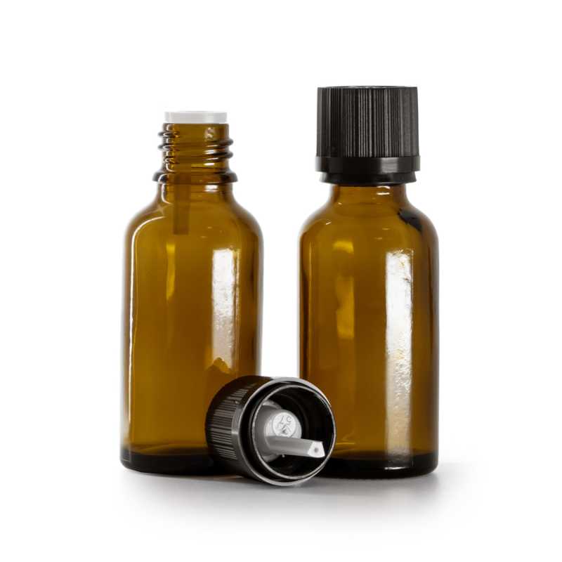 Bottiglia in vetro, ambra, tappo di sicurezza nero con contagocce, 30 ml