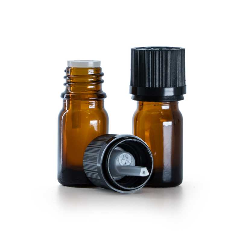 Flacone in vetro ambrato, tappo di sicurezza nero con contagocce, 5 ml
